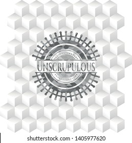 Unscrupulous retro style grey emblem with geometric cube white background