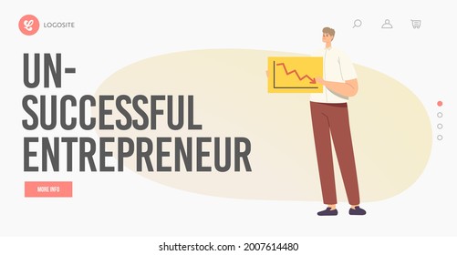 Unseccessful Entrepreneur Landing Page Template. Loser, Stupid Employee Confused Male Character Holding Banner with Drop Arrow, Business Document Statistics Data on Paper. Cartoon Vector Illustration