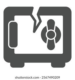 Unsecure metal safe with crack solid icon, hacker attacks concept. Vector graphics. Safe bank vault with broken door sign on white background, glyph style icon for mobile or web design