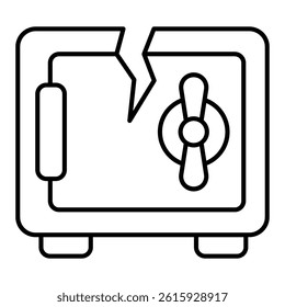 Unsecure metal safe with crack thin line icon, hacker attacks concept. Vector graphics. Safe bank vault with broken door sign on white background, linear style for mobile or design