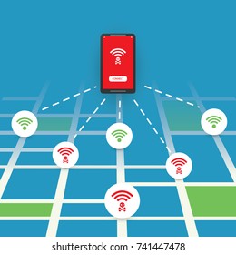 Unsecured Public Wireless Hotspot Design with Street Map - Wifi Security Breaches, Business Cybercrime Concept - Vector Illustration 