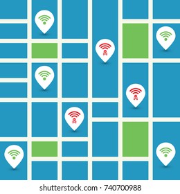Unsecured Public Wireless Hotspots Design with Street Map - Wifi Security Breaches, Business Cybercrime Concept - Vector Illustration 