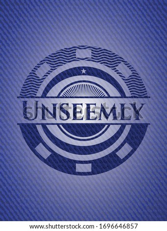 Unseemly emblem with jean background. Vector Illustration. Detailed.