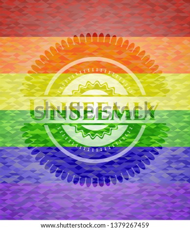 Unseemly emblem on mosaic background with the colors of the LGBT flag