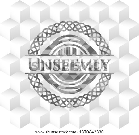 Unseemly grey emblem with geometric cube white background