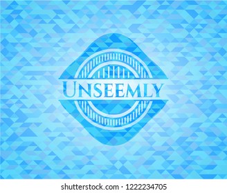 Unseemly sky blue emblem with triangle mosaic background