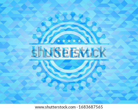 Unseemly sky blue emblem with triangle mosaic background