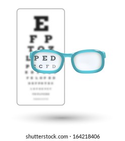 unsharp snellen chart and sharp letter with glasses on white background