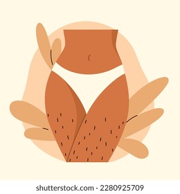 Unshaved hairy female legs. Body positive, normalize female body hair, love yourself, skin care. Vector illustration in cartoon style. Isolated white background.