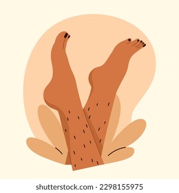 Unshaved hairy female legs. Body positive, normalize female body hair, skin care. Vector illustration in cartoon style. Isolated white background.