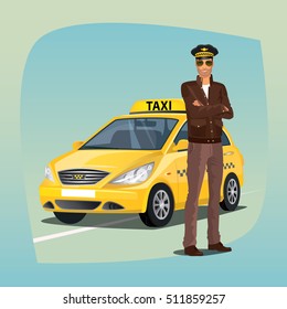 Unshaved taxi driver, standing and smiling, dressed in brown jacket, brown leather gloves, glasses and hat. Yellow car on background. Profession concept.. Vector illustration