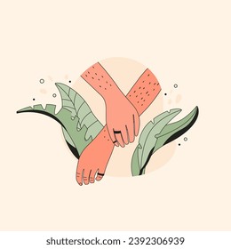 Unshaved woman hands. Female hairy arm cartoon style, depilation, hair removal, body positive feminism concept. Vector illustration