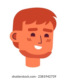Unshaven caucasian guy 2D vector avatar illustration. Happy carefree european man cartoon character face. Cheerful male portrait. Relaxed bearded flat color user profile image isolated on white