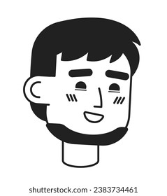 Unshaven caucasian guy black and white 2D vector avatar illustration. Happy carefree european man outline cartoon character face isolated. Cheerful bearded flat user profile image, portrait male