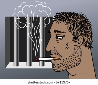 Unshaven criminal smoking behind the prison bars