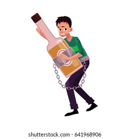 Unshaven man holding bottle of liquor, chained to it, alcohol dependence, abuse, disorder, cartoon vector illustration isolated on white background. Man chained to alcohol bottle he holds in hands