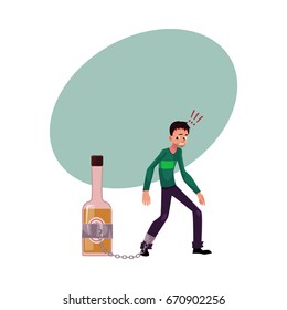 Unshaven man standing with leg chained to bottle of liquor, alcohol dependence, cartoon vector illustration with space for text. Man with arm, foot chained to bottle of alcohol liquor booze