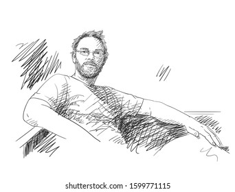 Unshaven man wearing eyeglasses, with shaggy hair and with satisfied enlightened look relaxing on sofa, Hand drawn vector sketch