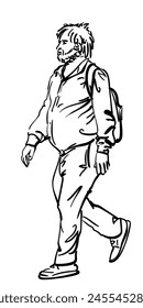 Unshaven shaggy adult walking man with belly and backpack, Vector sketch isolated, Hand drawn illustration