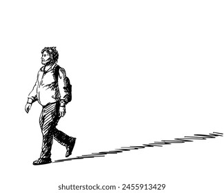 Unshaven shaggy adult walking man with belly and backpack, casting a long shadow, Vector sketch isolated, Hand drawn illustration