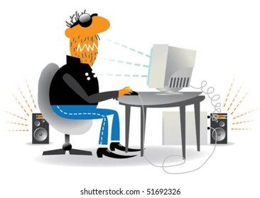 Unshaven user operates a computer