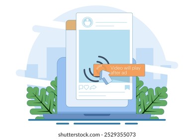 Unskippable Social Media Ads Concept. In-stream short video ads that viewers have to watch while watching the video. Digital marketing business promotion is running with online broadcasting.