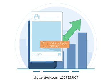 Unskippable Social Media Ads Concept. In-stream short video ads that viewers have to watch while watching the video. Digital marketing business promotion is running with online broadcasting.
