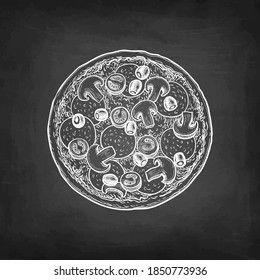 Unsliced pizza topped with mushrooms, olives and sausage. Chalk sketch on blackboard background. Hand drawn vector illustration. Retro style.