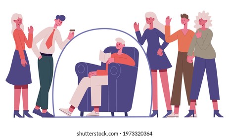 Unsocial Introverted Person. Unsocial Woman People Group Separation, Young Introvert Girl In Bubble Vector Illustration. Introverted Female Character. Person Avoid Communication With People