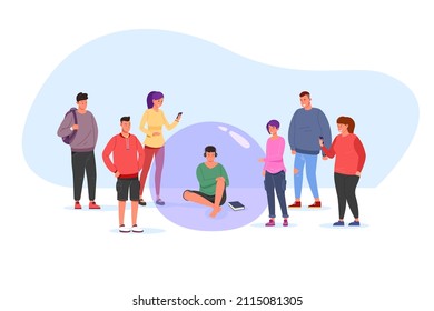 Unsocial person. Solitude Introvert inside bubble or capsule, shy alone man separate extrovert social people, personal boundary, vector illustration. Character introvert isolation person