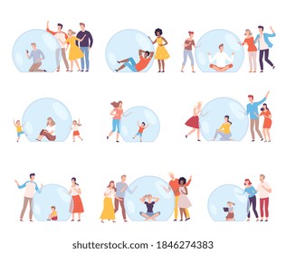Unsocial Persons Sitting Inside Transparent Bubbles Set, People Trying to Reach Them, Separation from Society Concept Flat Style Vector Illustration