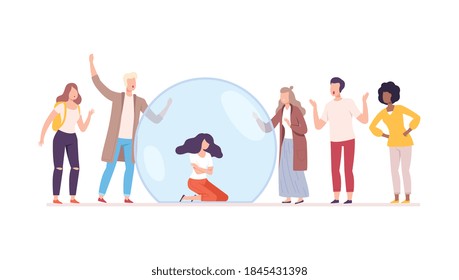 Unsocial Young Woman Sitting Inside Transparent Protective Bubble, Separation From Society Or Solitude Concept Flat Style Vector Illustration