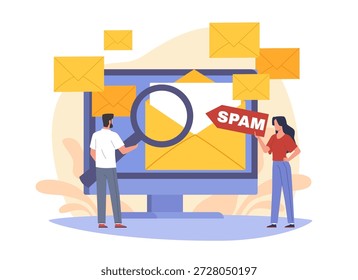 Unsolicited messages, malware distribution. Spam mailing list, orange message envelopes, inbox protection, envelopes on monitor, clean and secure with magnifying glass vector cartoon isolated concept