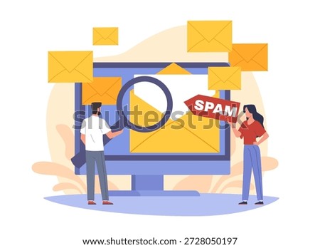 Unsolicited messages, malware distribution. Spam mailing list, orange message envelopes, inbox protection, envelopes on monitor, clean and secure with magnifying glass vector cartoon isolated concept