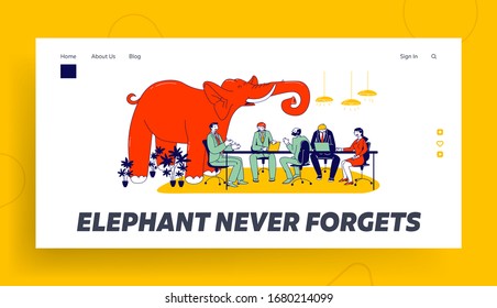 Unsolved and Avoided Problems Landing Page Template. Huge Red Elephant Trumpet in Modern Office with Business People Characters Sitting at Board Meeting Having Conversation. Linear Vector Illustration