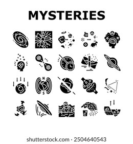 unsolved mysteries question icons set vector. dark matter, energy, origin of the universe life, consciousness, time travel, hole unsolved mysteries question glyph pictogram Illustrations