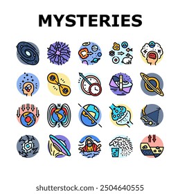 unsolved mysteries question icons set vector. dark matter, energy, origin of the universe life, consciousness, time travel, hole unsolved mysteries question color line illustrations