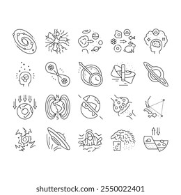 unsolved mysteries question icons set vector. dark matter, energy, origin of the universe life, consciousness, time travel, hole unsolved mysteries question black contour illustrations