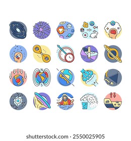 unsolved mysteries question icons set vector. dark matter, energy, origin of the universe life, consciousness, time travel, hole unsolved mysteries question color line illustrations