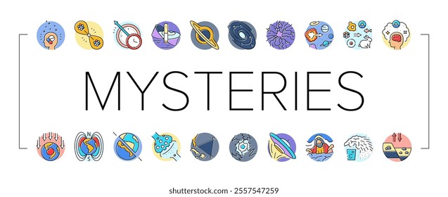 unsolved mysteries question icons set vector. dark matter, energy, origin of the universe life, consciousness, time travel, hole unsolved mysteries question color line illustrations