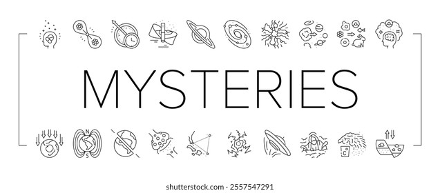 unsolved mysteries question icons set vector. dark matter, energy, origin of the universe life, consciousness, time travel, hole unsolved mysteries question black contour illustrations