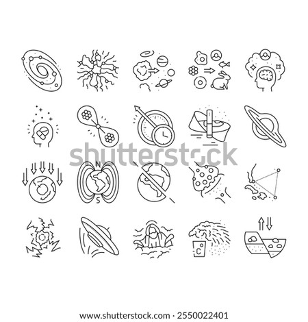 unsolved mysteries question icons set vector. dark matter, energy, origin of the universe life, consciousness, time travel, hole unsolved mysteries question black contour illustrations
