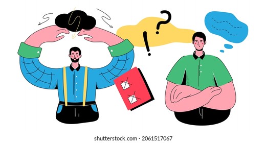 Unsolved problem - colorful flat design style banner with trendy characters. Two men feel insecure because they cannot find an answer to a question. Wrong options, failed task, controversial situation