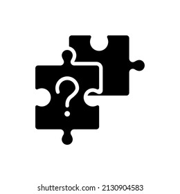 Unsolved puzzle black glyph icon. Jigsaw pieces and question mark. Difficult task. Connection issues. Silhouette symbol on white space. Solid pictogram. Vector isolated illustration