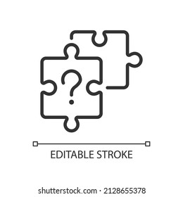 Unsolved Puzzle Linear Icon. Jigsaw Pieces And Question Mark. Difficult Task Solution. Thin Line Illustration. Contour Symbol. Vector Outline Drawing. Editable Stroke. Arial Font Used