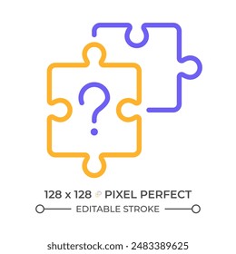 Unsolved question two color line icon. Puzzle pieces and question mark bicolor outline symbol. Problem solving concept. Riddle. Duotone linear pictogram. Isolated illustration. Editable stroke