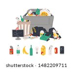 Unsorted garbage in trash containers and bin bags. Plastic, glass, metal, paper, organic waste in dumpster isolated on white background. Rubbish or litter. Flat cartoon colorful vector illustration.