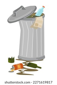 Unsorted garbage in trash containers. Waste bin. Environmental disaster, garbage sorting. Cartoon trashcan neat vector illustration of waste garbage