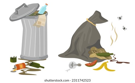 Unsorted garbage in trash containers. Waste bin and a bag of garbage. Environmental disaster, garbage sorting. Cartoon trash can neat vector illustration of waste garbage