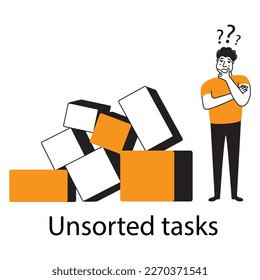 Unsortierte Aufgaben.Müde und verzweifelter Büromitarbeiter.Produktive Workflow-Organisation.Aufgabenmanagement.Umfassende Vektorgrafik.Einzeln auf weißem Hintergrund.